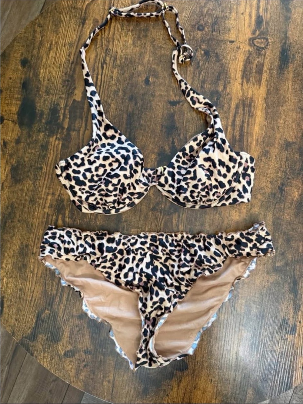 Leopard Print Bikini Set - Beige, Black & Brown